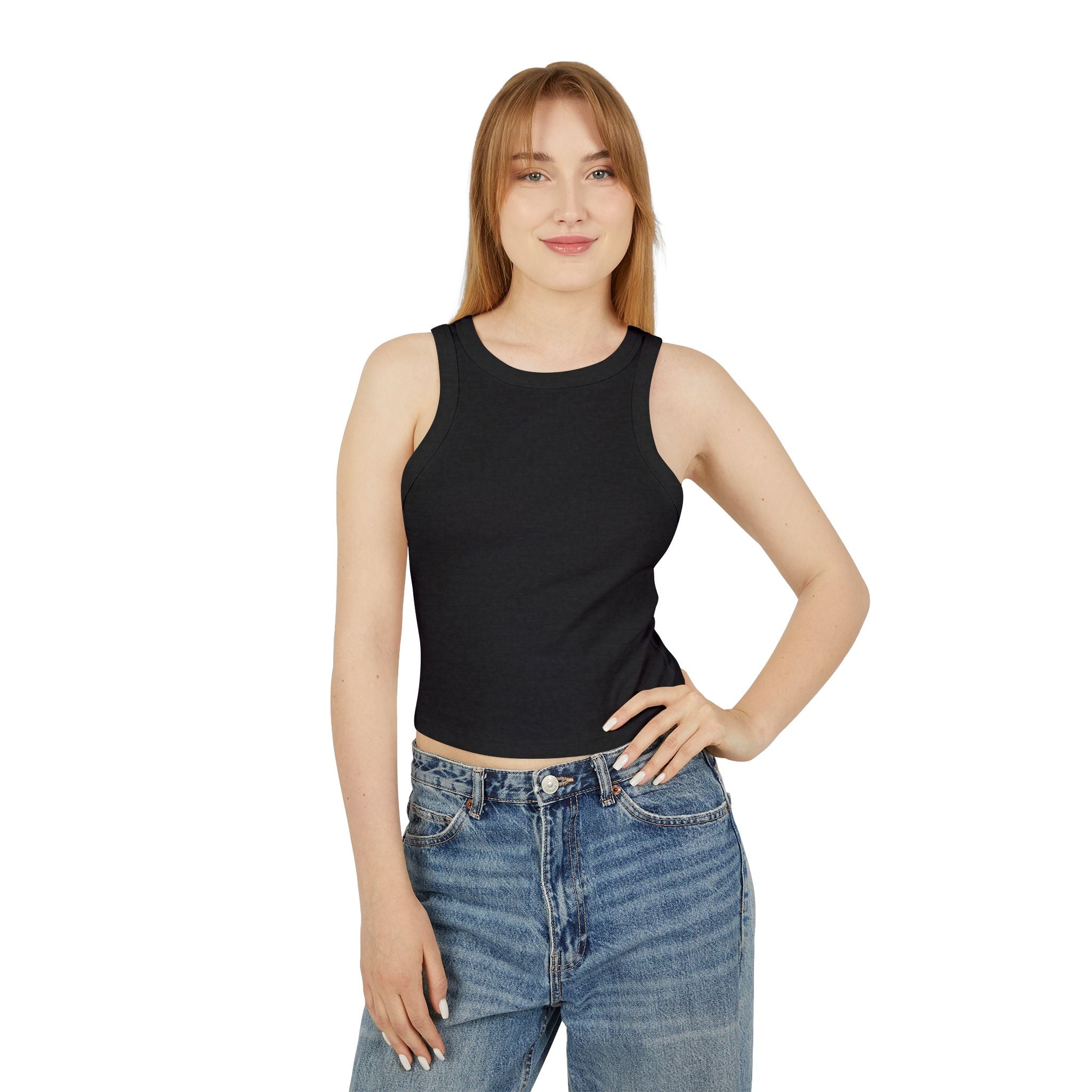 Ribbed Women’s Racer Tank Top — 'ORVAYE' Back Graphic, Cropped Summer Casual