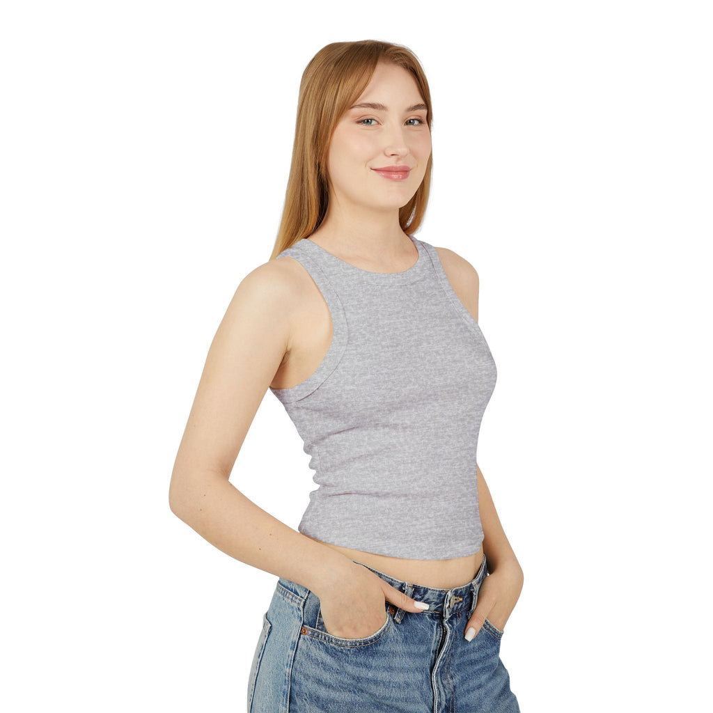 Ribbed Women’s Racer Tank Top — 'ORVAYE' Back Graphic, Cropped Summer Casual