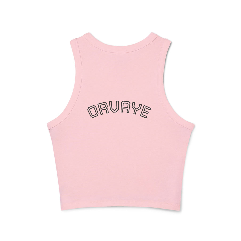 Ribbed Women’s Racer Tank Top — 'ORVAYE' Back Graphic, Cropped Summer Casual