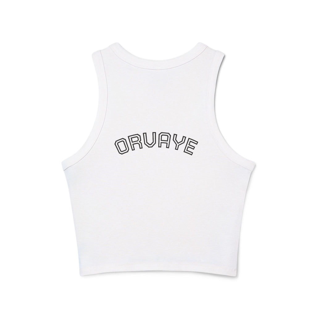 Ribbed Women’s Racer Tank Top — 'ORVAYE' Back Graphic, Cropped Summer Casual