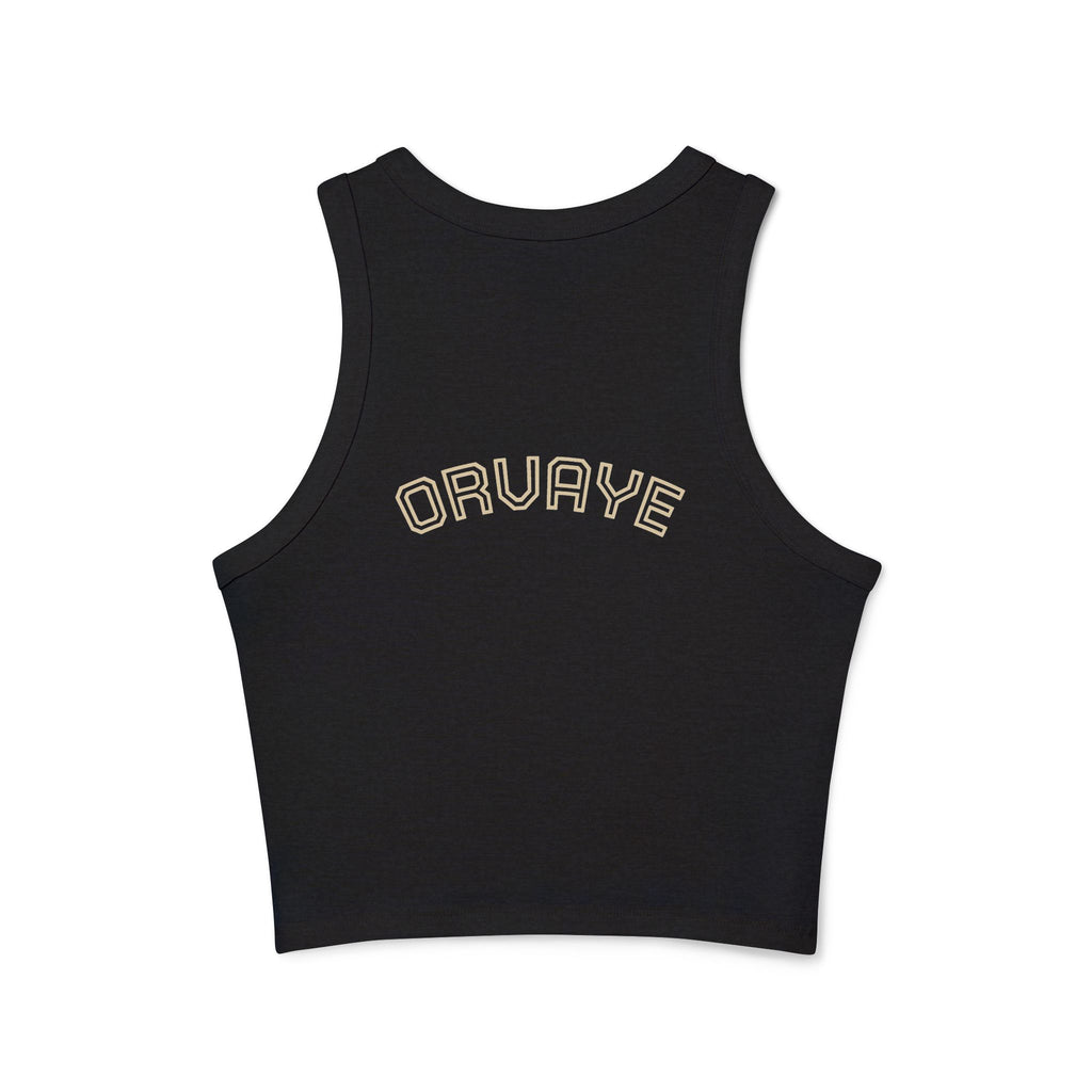 Ribbed Women’s Racer Tank Top — 'ORVAYE' Back Graphic, Cropped Summer Casual