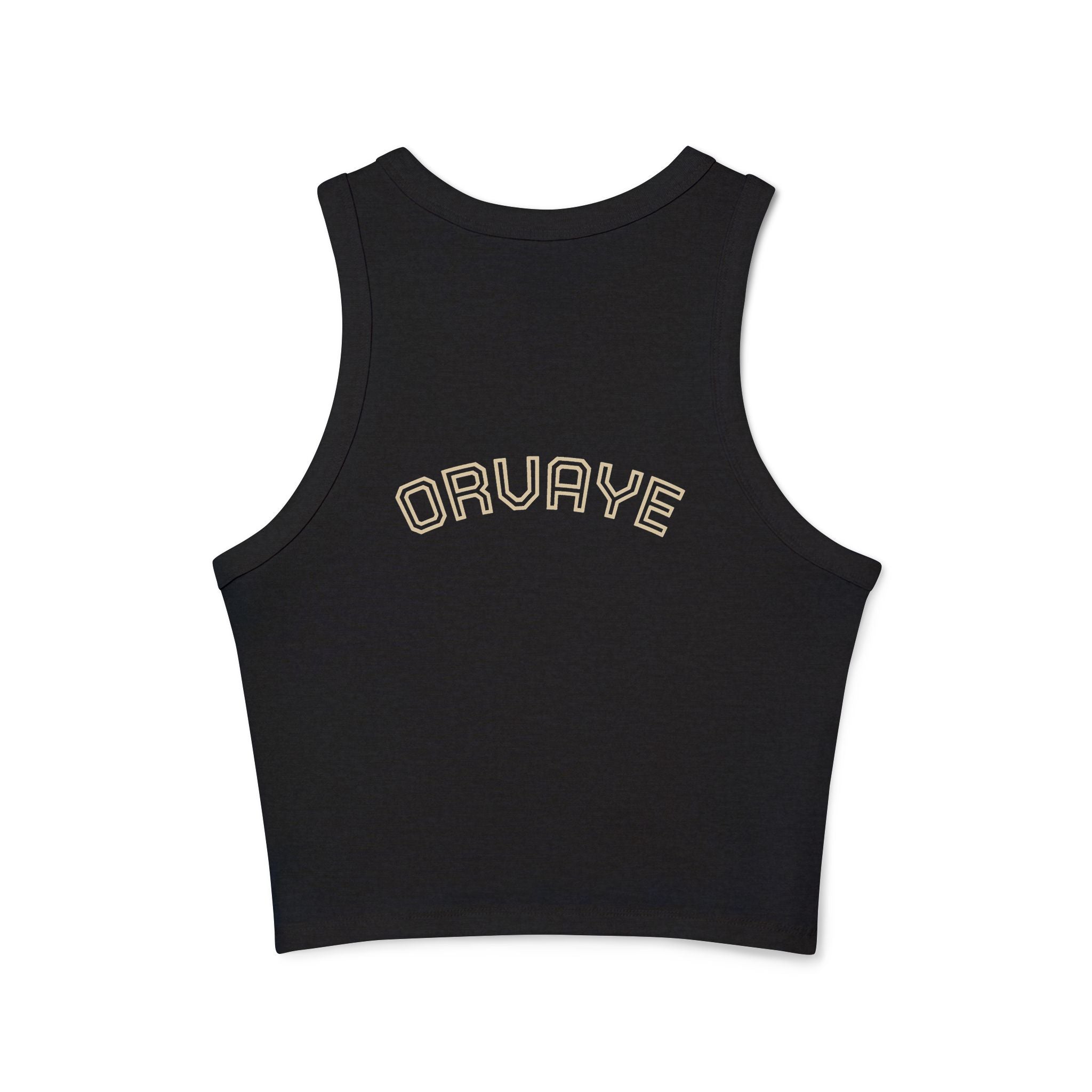 Ribbed Women’s Racer Tank Top — 'ORVAYE' Back Graphic, Cropped Summer Casual