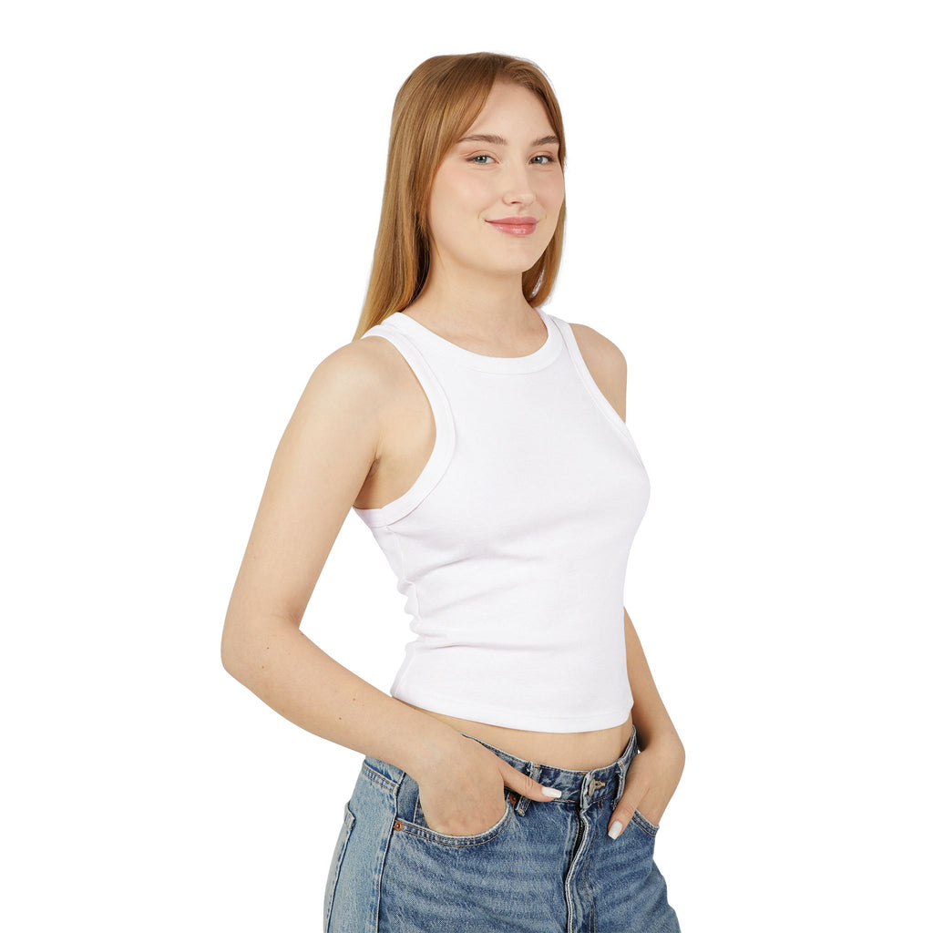 Ribbed Women’s Racer Tank Top — 'ORVAYE' Back Graphic, Cropped Summer Casual