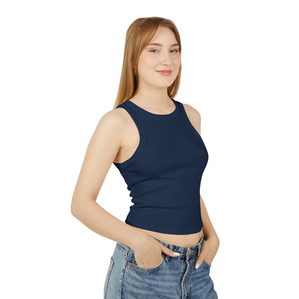 Ribbed Women’s Racer Tank Top — 'ORVAYE' Back Graphic, Cropped Summer Casual