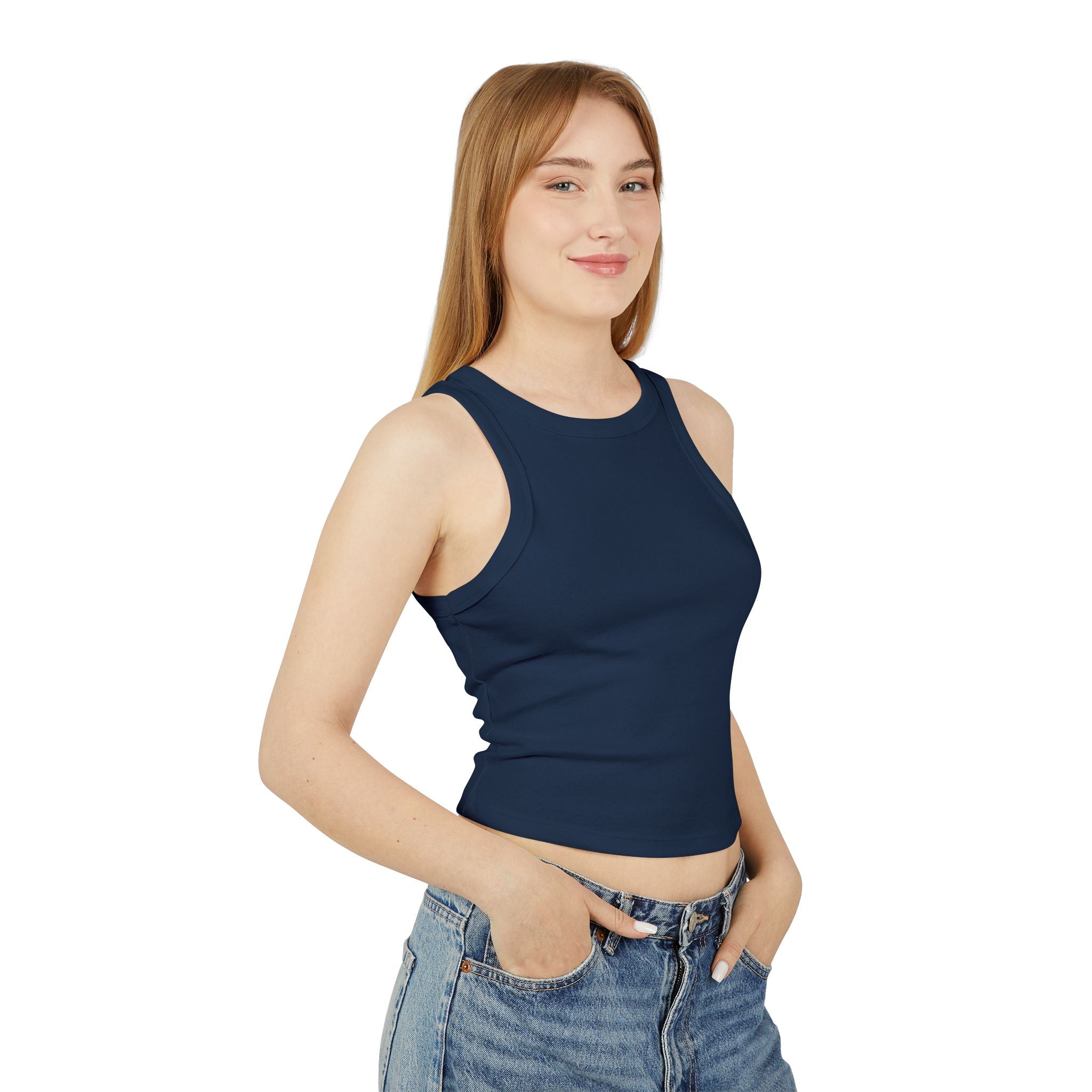 Ribbed Women’s Racer Tank Top — 'ORVAYE' Back Graphic, Cropped Summer Casual