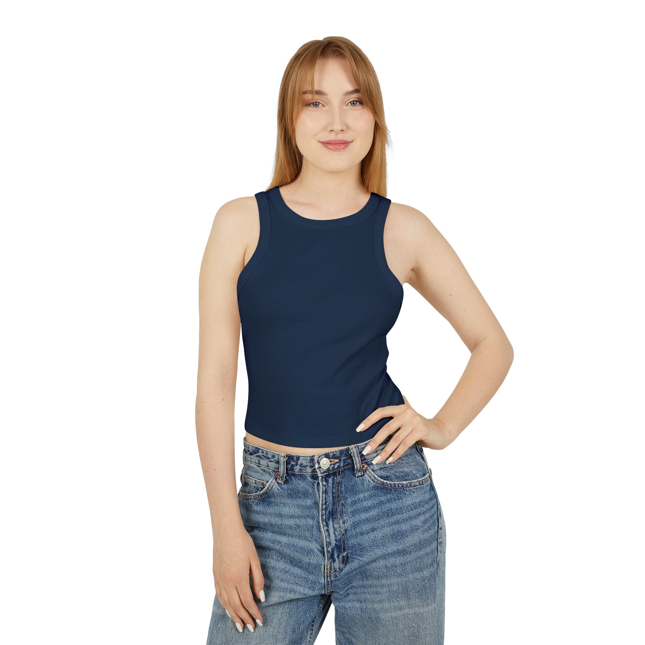 Ribbed Women’s Racer Tank Top — 'ORVAYE' Back Graphic, Cropped Summer Casual