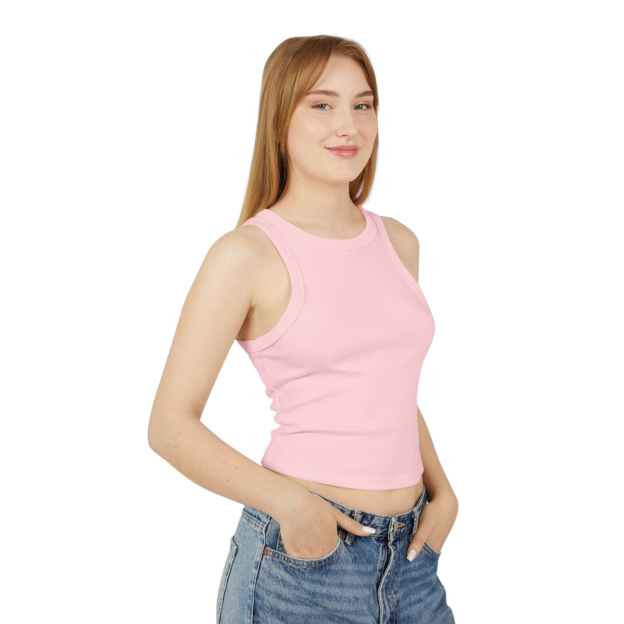 Ribbed Women’s Racer Tank Top — 'ORVAYE' Back Graphic, Cropped Summer Casual