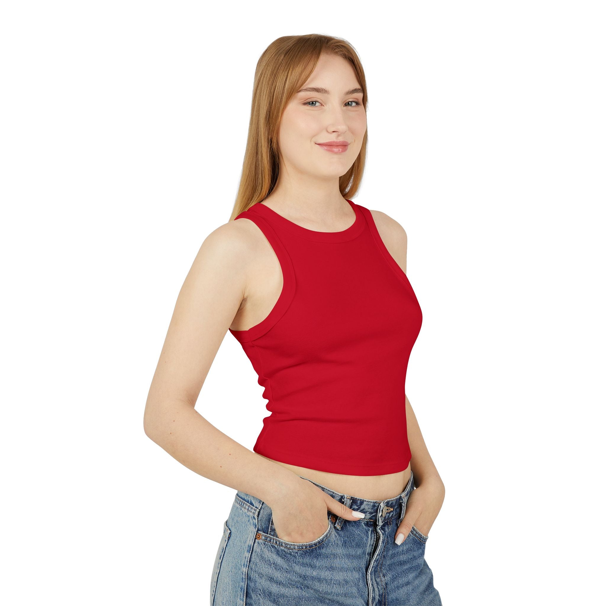 Ribbed Women’s Racer Tank Top — 'ORVAYE' Back Graphic, Cropped Summer Casual
