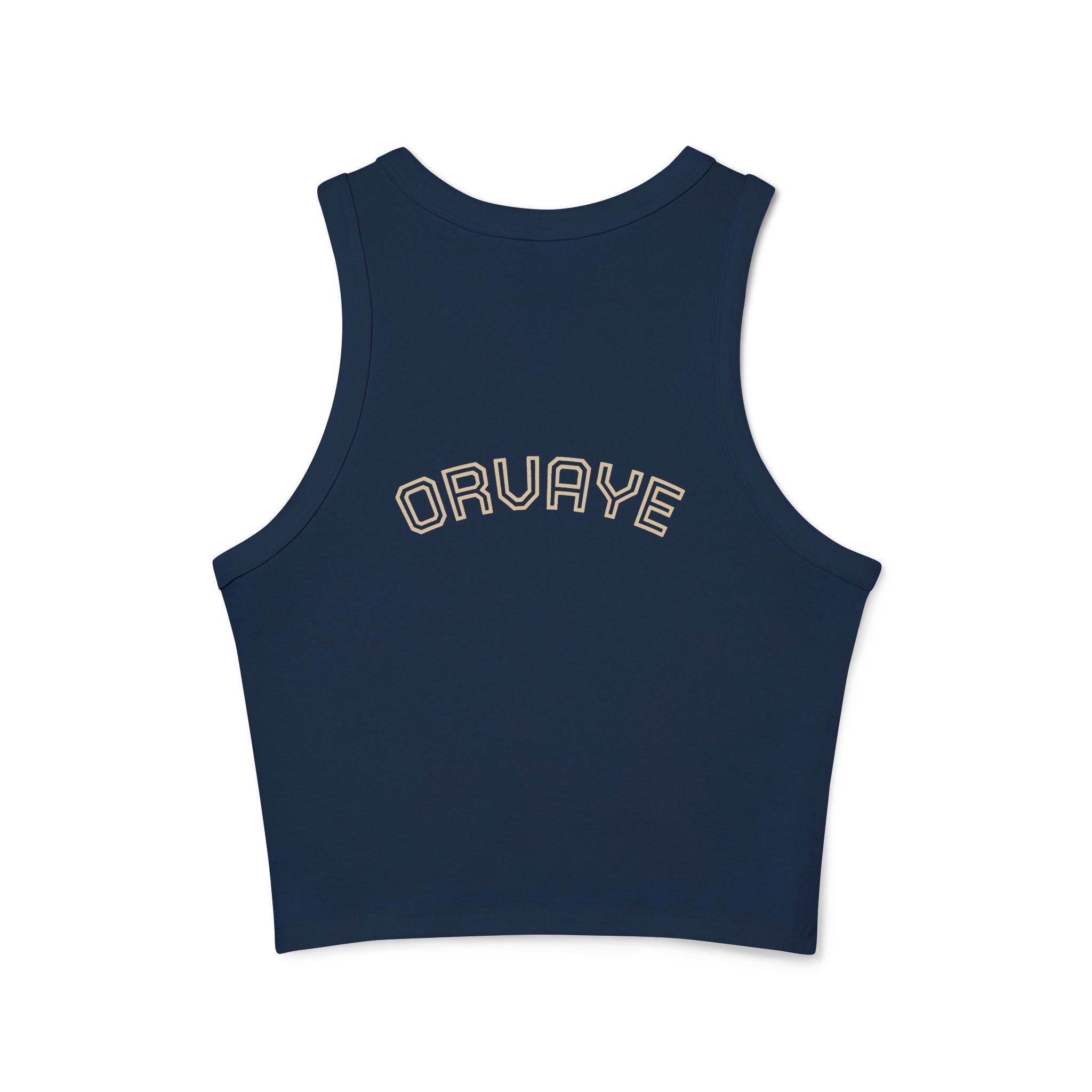 Ribbed Women’s Racer Tank Top — 'ORVAYE' Back Graphic, Cropped Summer Casual