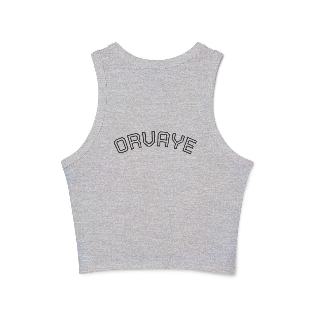 Ribbed Women’s Racer Tank Top — 'ORVAYE' Back Graphic, Cropped Summer Casual