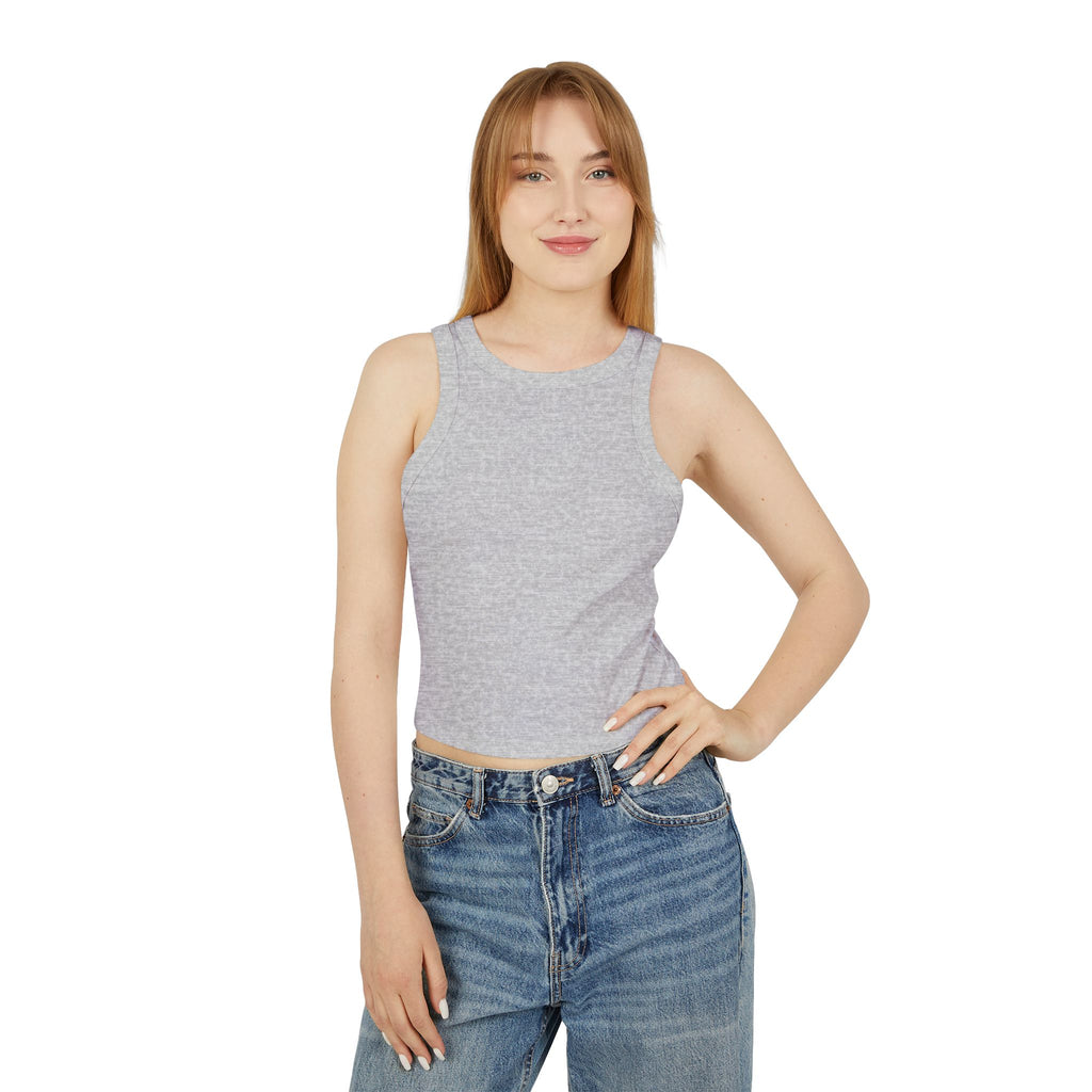 Ribbed Women’s Racer Tank Top — 'ORVAYE' Back Graphic, Cropped Summer Casual