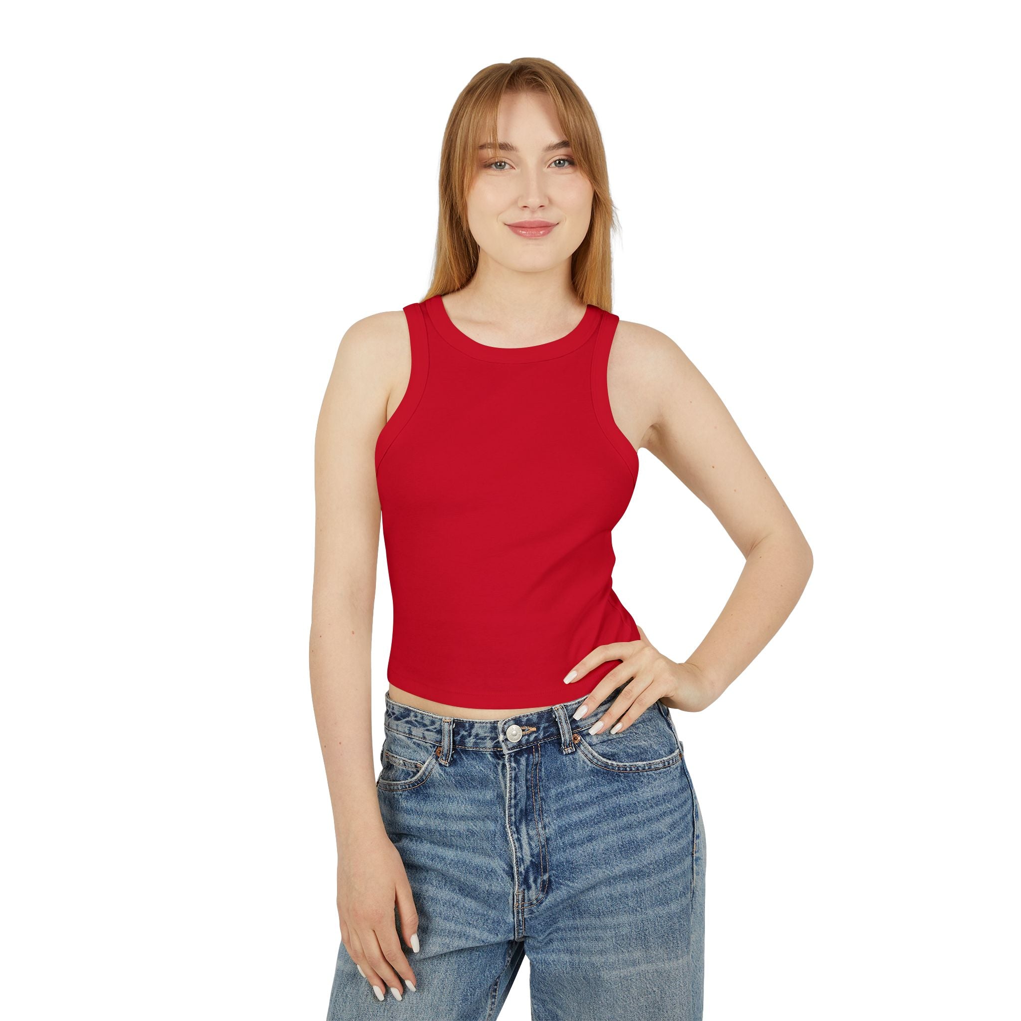 Ribbed Women’s Racer Tank Top — 'ORVAYE' Back Graphic, Cropped Summer Casual